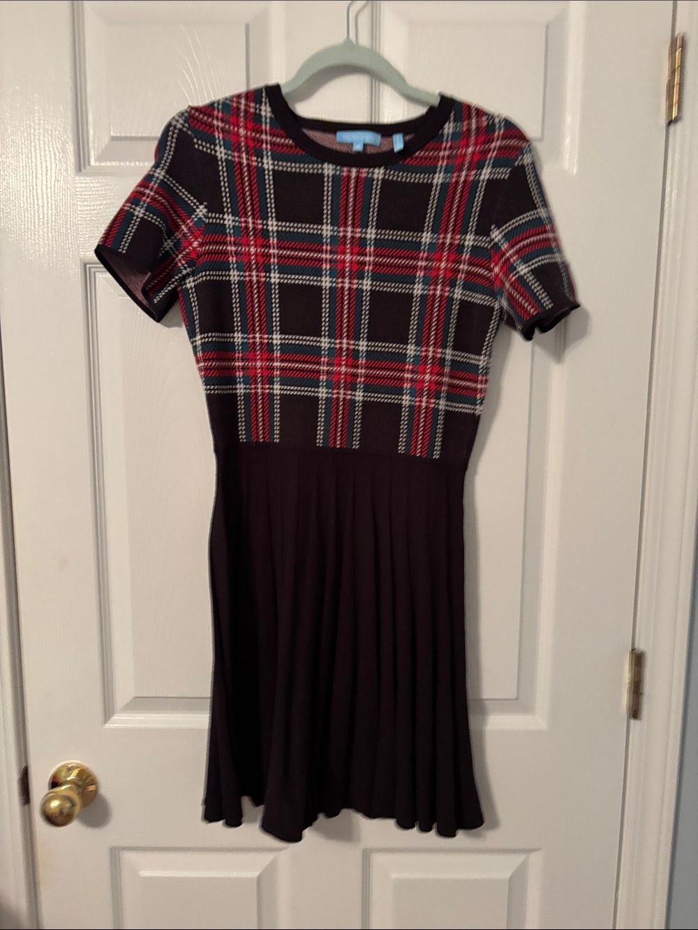 Draper James Black Red Plaid Short Sleeve Fit-and-Flare Dress